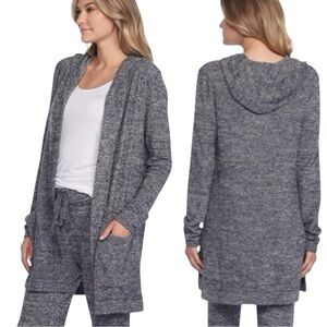 BAREFOOT DREAMS CozyChic Lite Knit Resort Hooded Cardigan Navy Blue Grey Medium